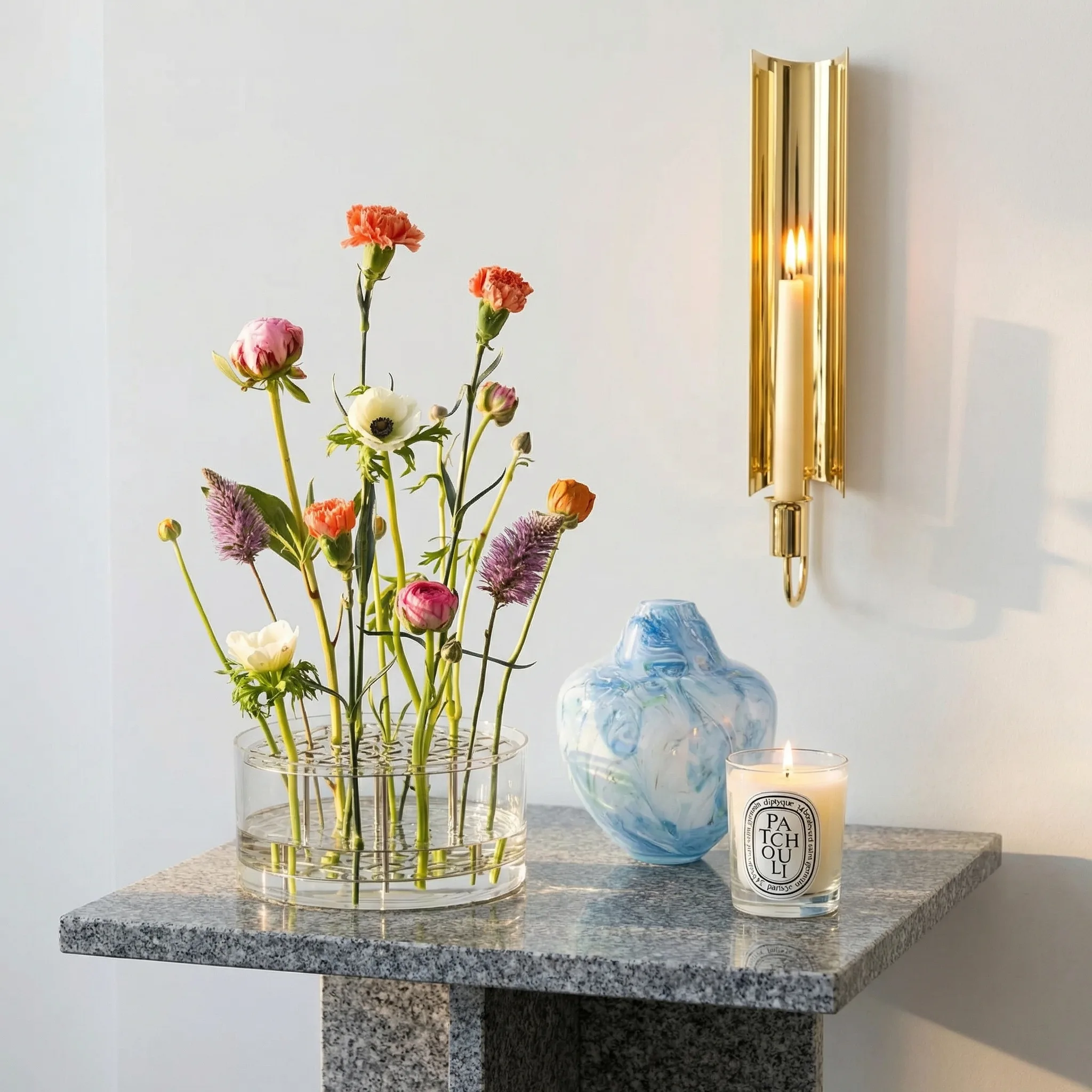 Decorative objects on a stone table